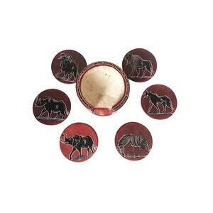 African Safari Animals Hand Carved Soapstone Coasters Set of 6